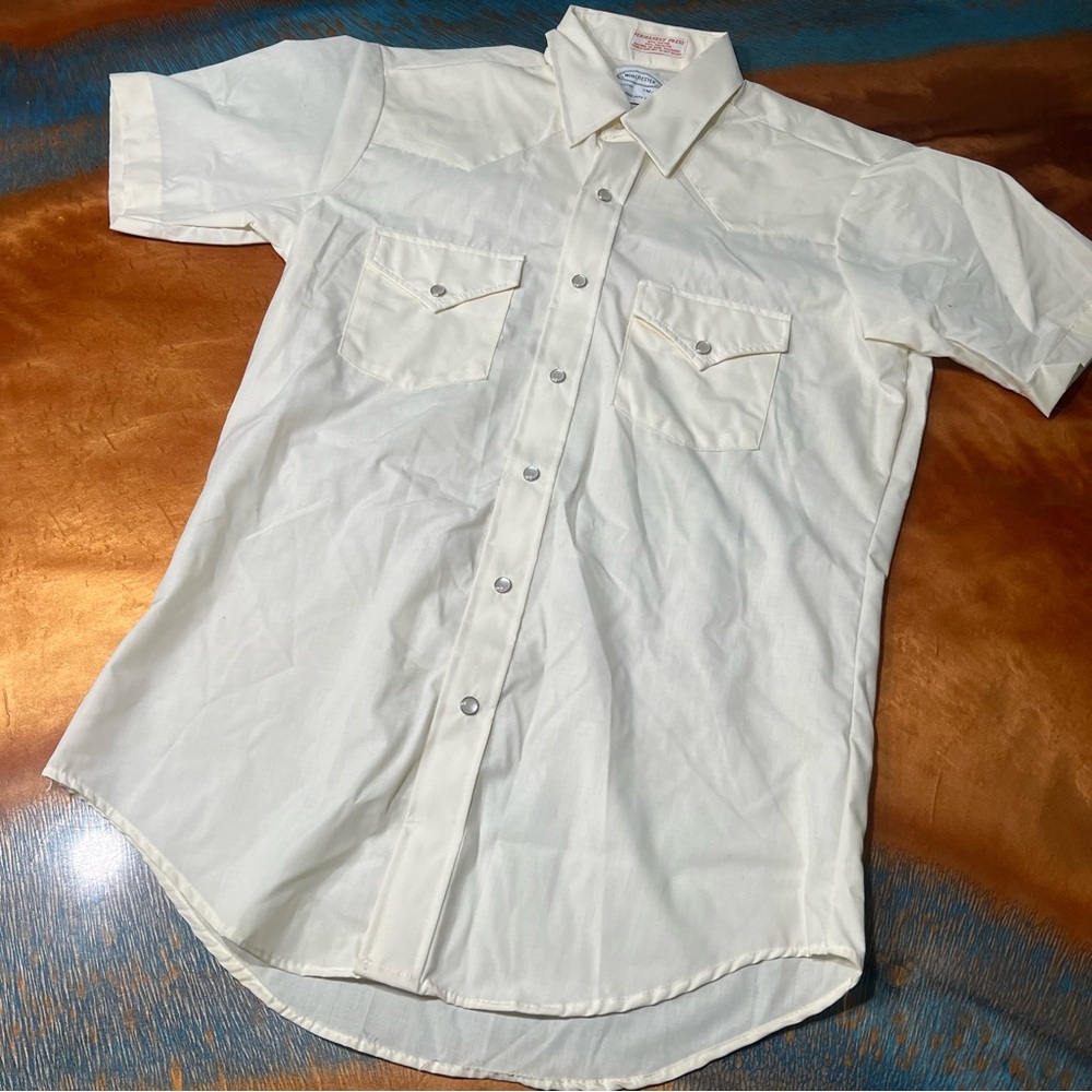 VTG Winchester Pearl Snap Western Short Sleeve Shirt medium cream white